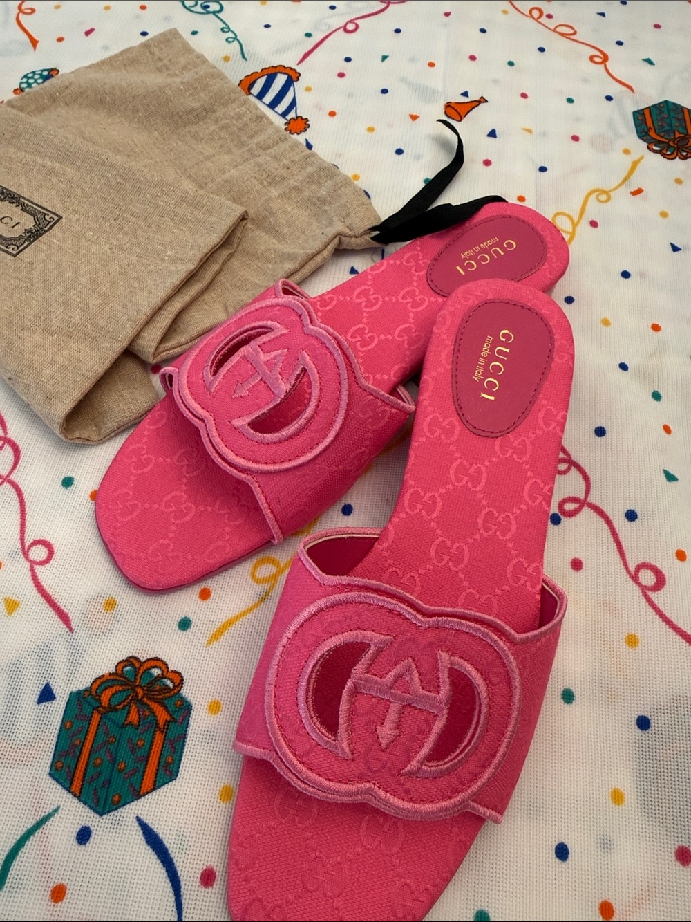 Gucci Hot Pink GG Canvas Slide Sandals - Picture 2 of 7